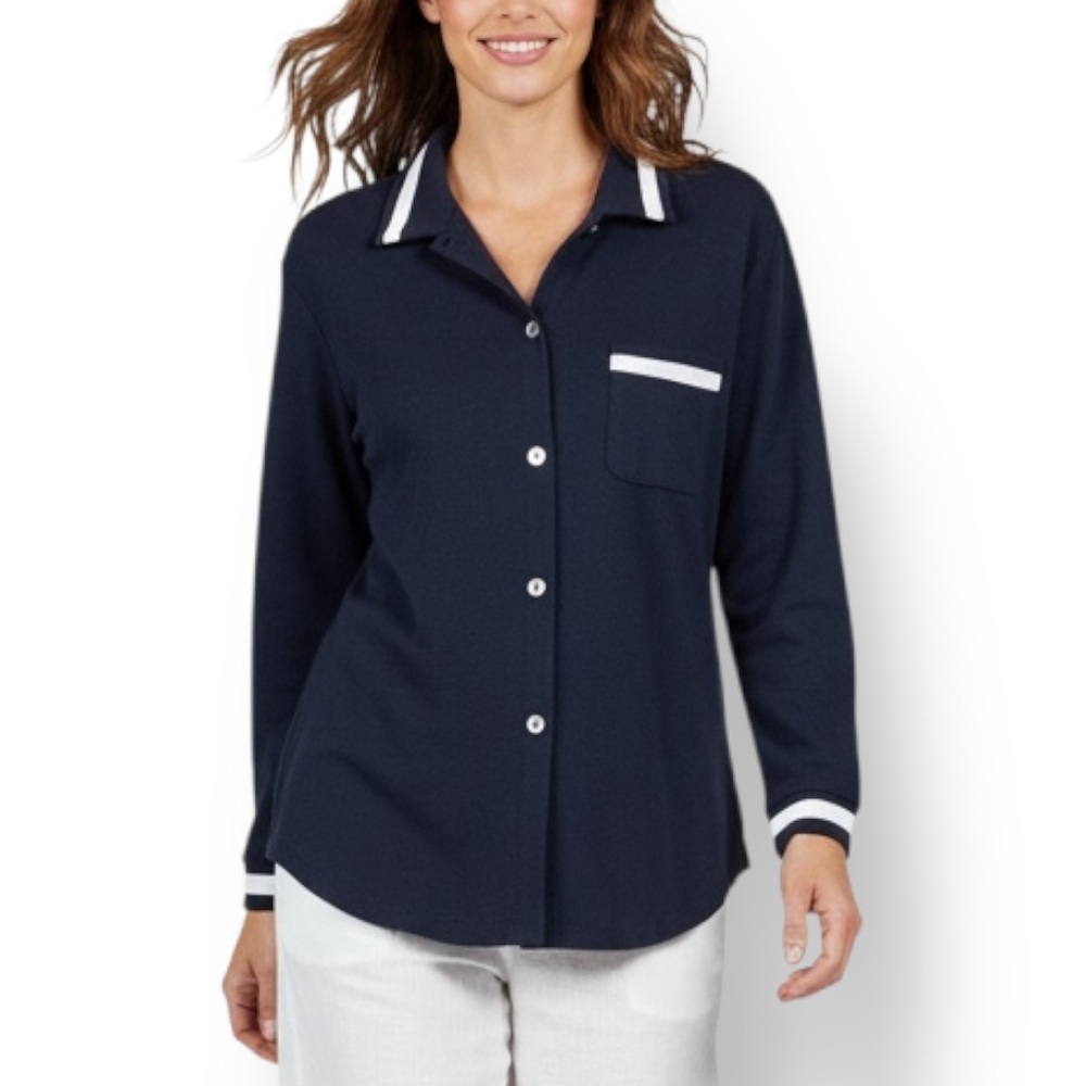 4/$20 Cindy Bai Navy Button-Front Blouse Medium White Trim Collar Pocket